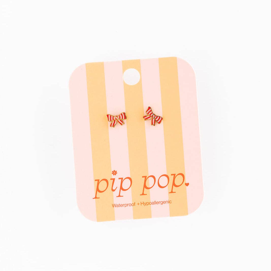 Pip Pop Post - Striped Bow Stud Earrings - Hypoallergenic, Flat Back, Girl : Pair