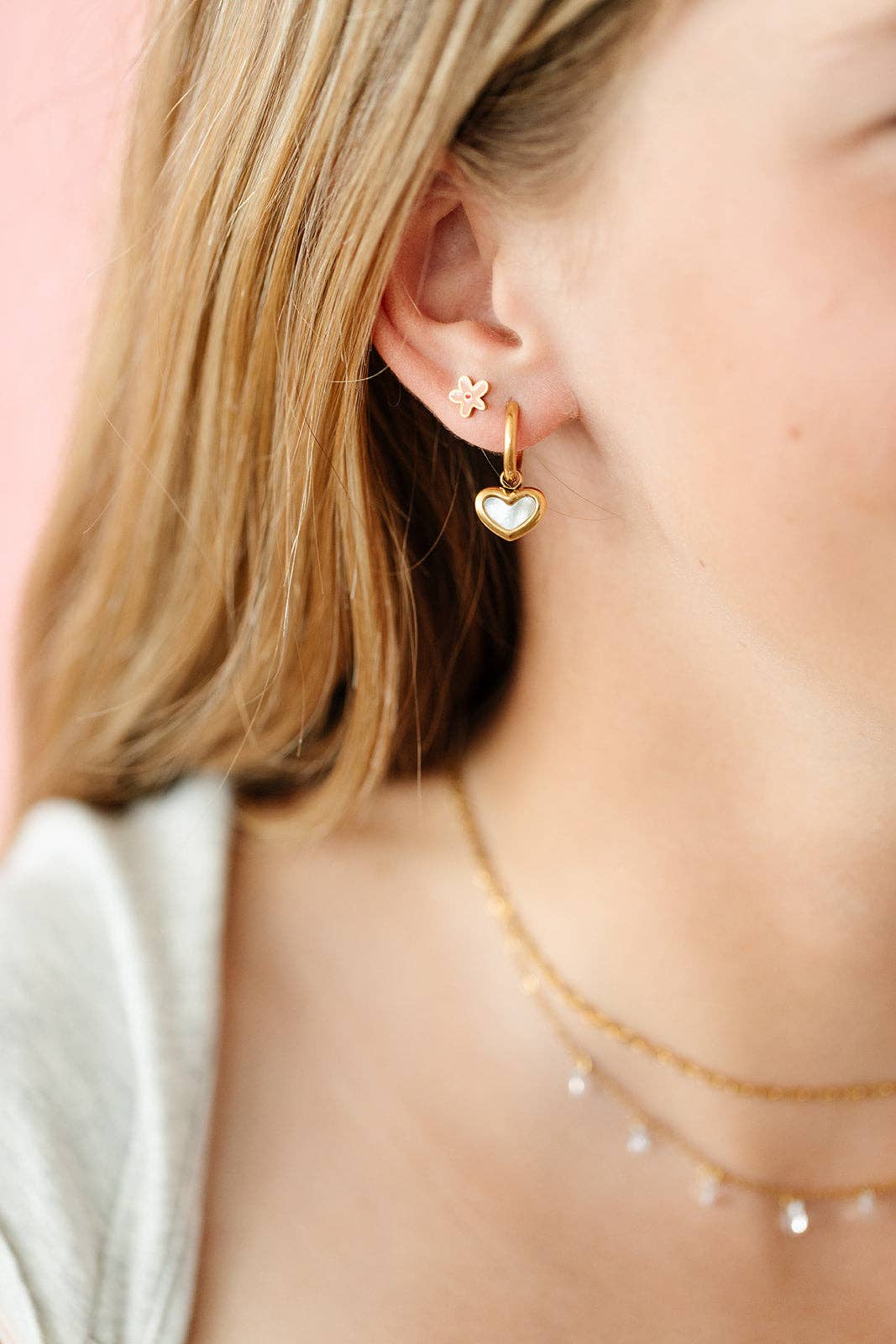 Pip Pop Post - Mother of Pearl Heart Charm Hoop Earrings - Hypoallergenic: Gold