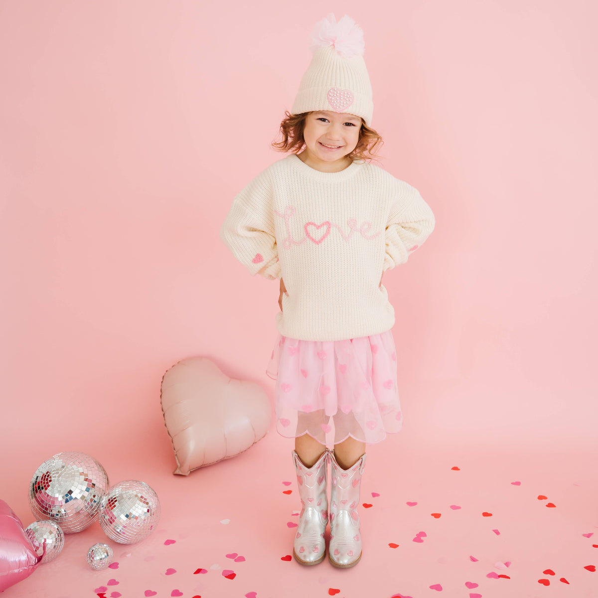 Pearl Heart Patch Pom Pom Beanie