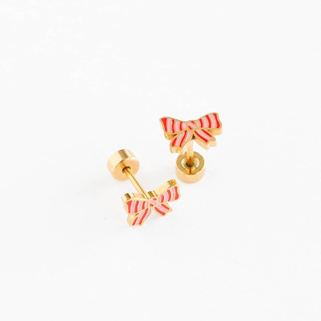 Pip Pop Post - Striped Bow Stud Earrings - Hypoallergenic, Flat Back, Girl : Pair