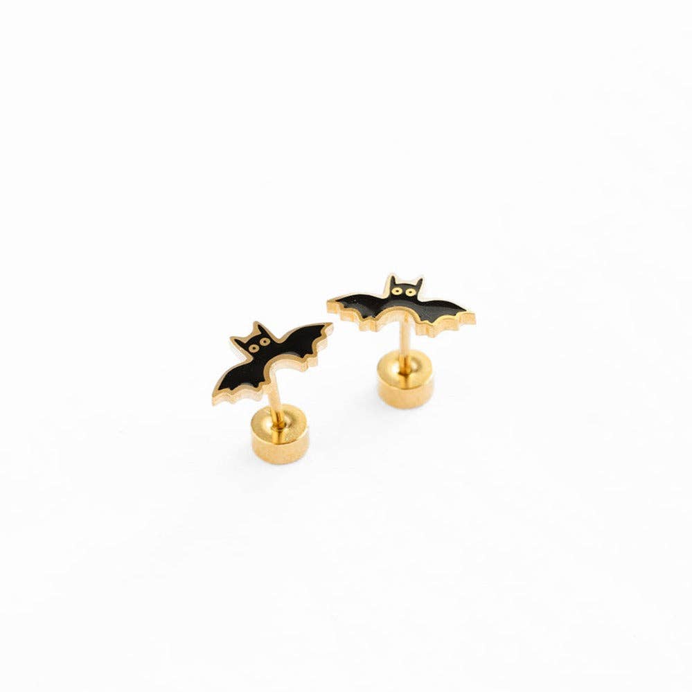 Pip Pop Post - Bat Stud Earrings - Hypoallergenic, Flat Back, Girl Gift : Pair