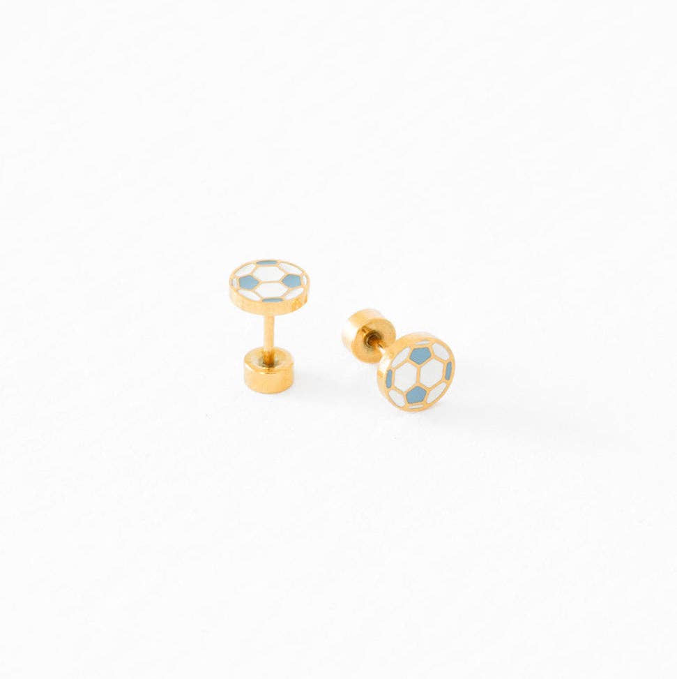 Pip Pop Post - Sports Balls Stud Earrings - Hypoallergenic, Flat Back, Girl: Pair / Soccer Ball