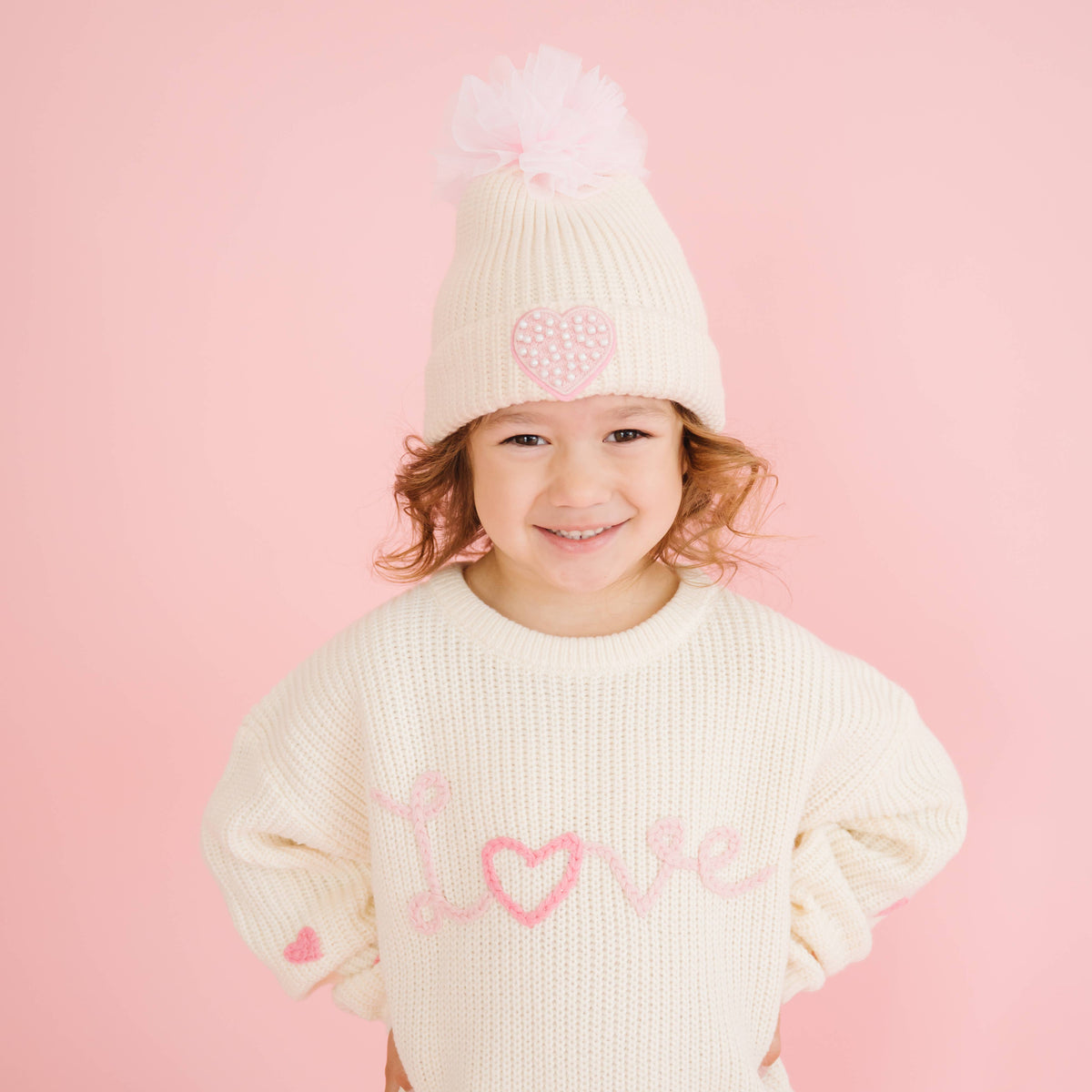 Pearl Heart Patch Pom Pom Beanie