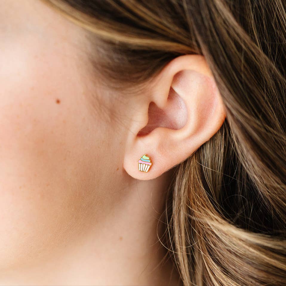 Pip Pop Post - Rainbow Cupcake Stud Earrings - Hypoallergenic, Girl Gift: Pair