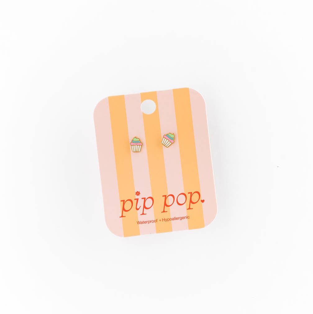 Pip Pop Post - Rainbow Cupcake Stud Earrings - Hypoallergenic, Girl Gift: Pair