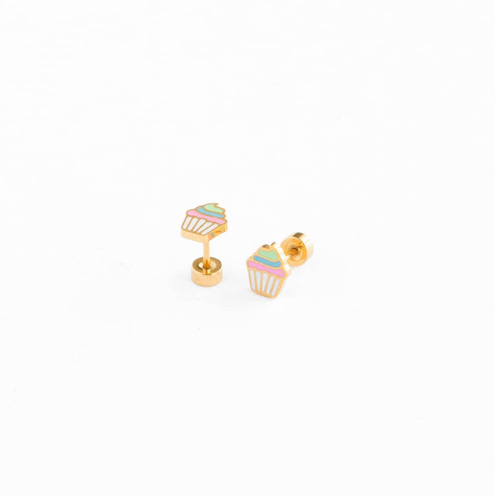 Pip Pop Post - Rainbow Cupcake Stud Earrings - Hypoallergenic, Girl Gift: Pair