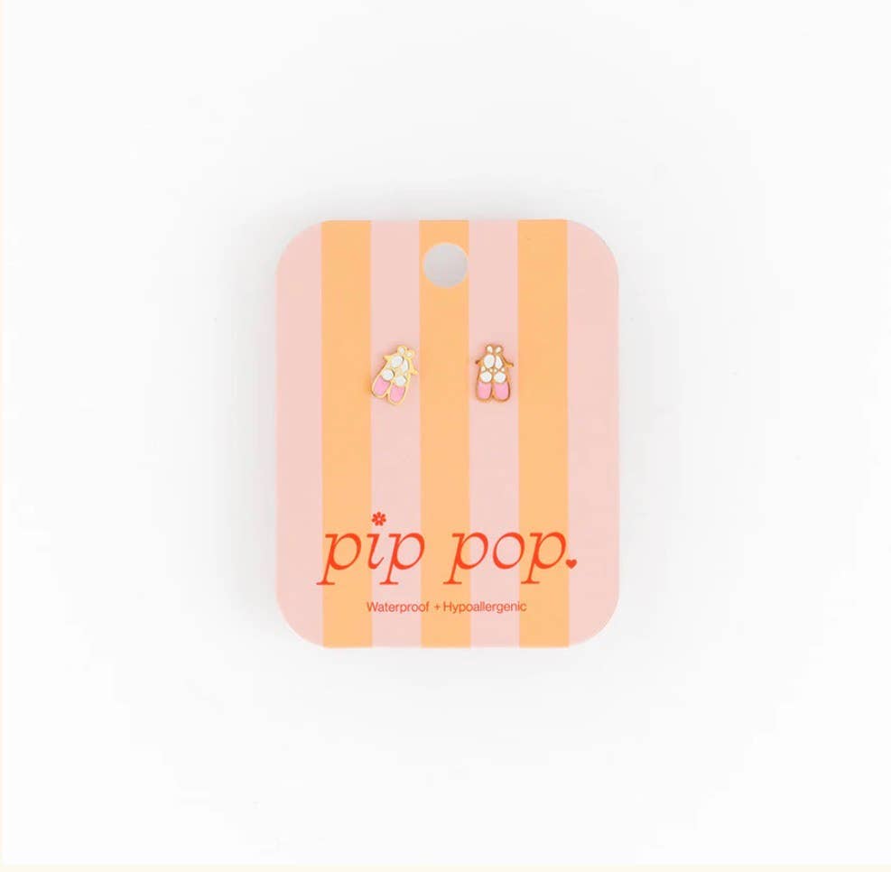 Pip Pop Post - Ballet Slipper  Stud Earrings - Hypoallergenic, Flat Back: Pair