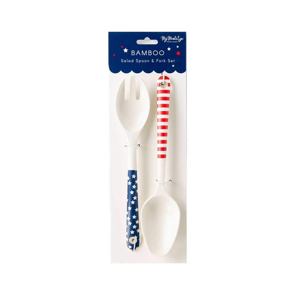 My Mind’s Eye - SSP924 - Stars and Stripes Salad Spoon and Fork Reusable Bamboo Serving-ware