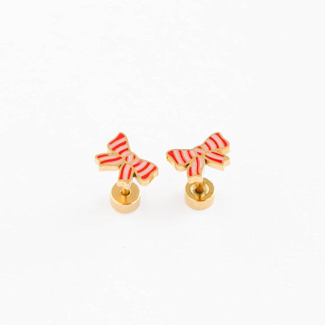 Pip Pop Post - Striped Bow Stud Earrings - Hypoallergenic, Flat Back, Girl : Pair