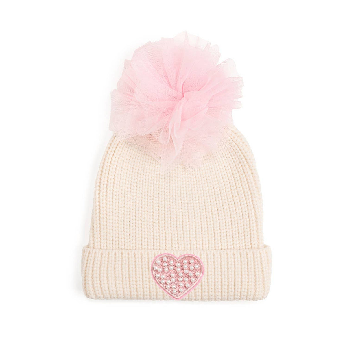 Pearl Heart Patch Pom Pom Beanie