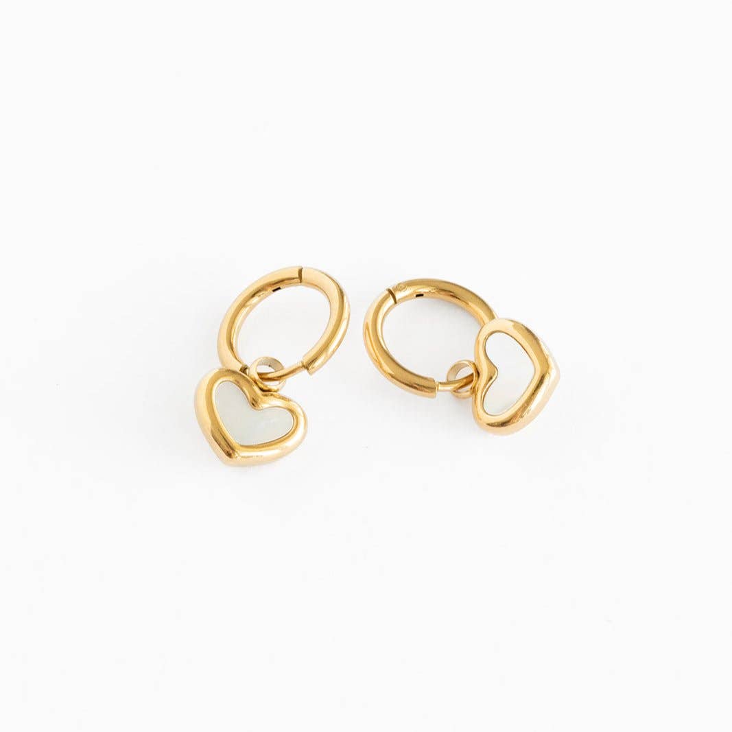 Pip Pop Post - Mother of Pearl Heart Charm Hoop Earrings - Hypoallergenic: Gold
