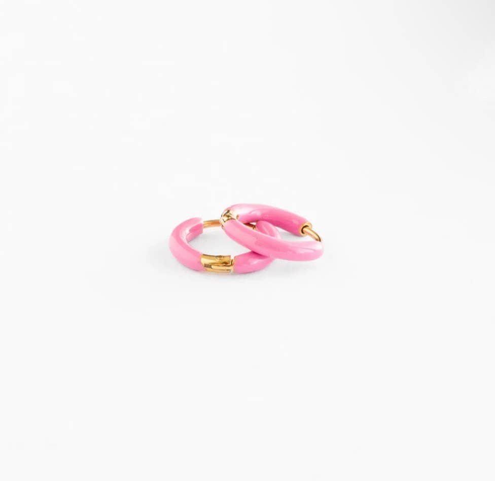 Pip Pop Post - Enamel Hoop Earrings - Hypoallergenic, Flat Back, Girl Gift: Pink