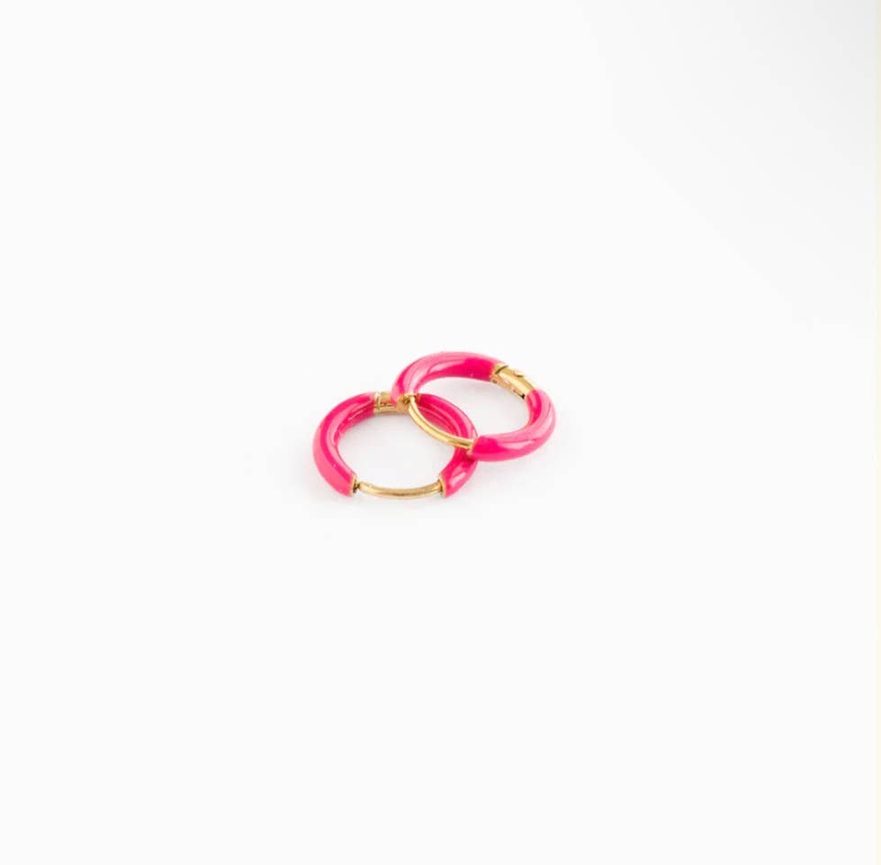 Pip Pop Post - Enamel Hoop Earrings - Hypoallergenic, Flat Back, Girl Gift: Pink